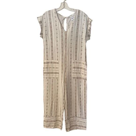 Trave Striped Short Sleeve Boho Off-White Linen Jumpsuit - Picture 1 of 5